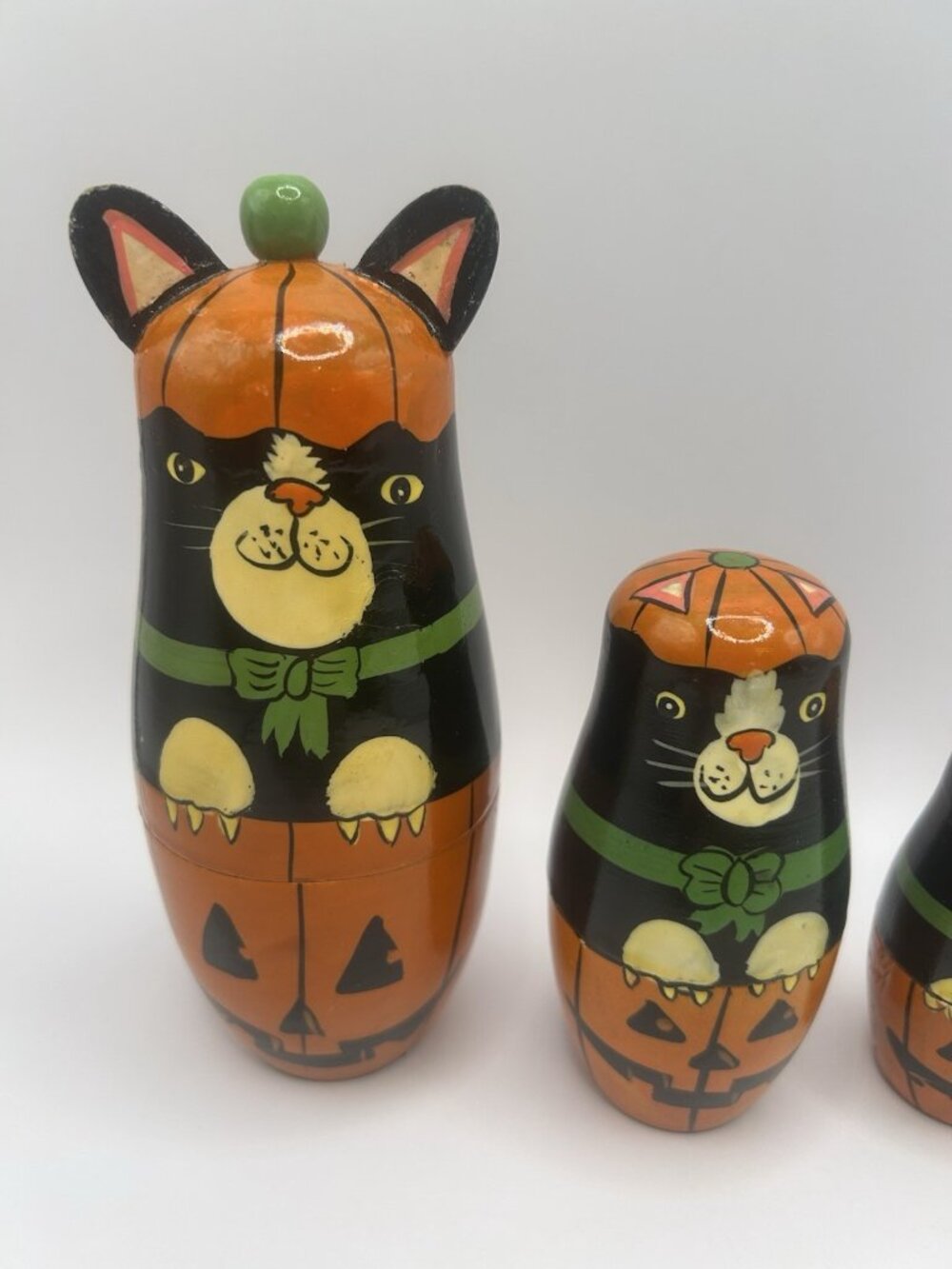 Halloween Kitty Cat Pumpkin Hand-Painted Wood Stacking Nesting Dolls Five Vtg - Picture 3 of 16
